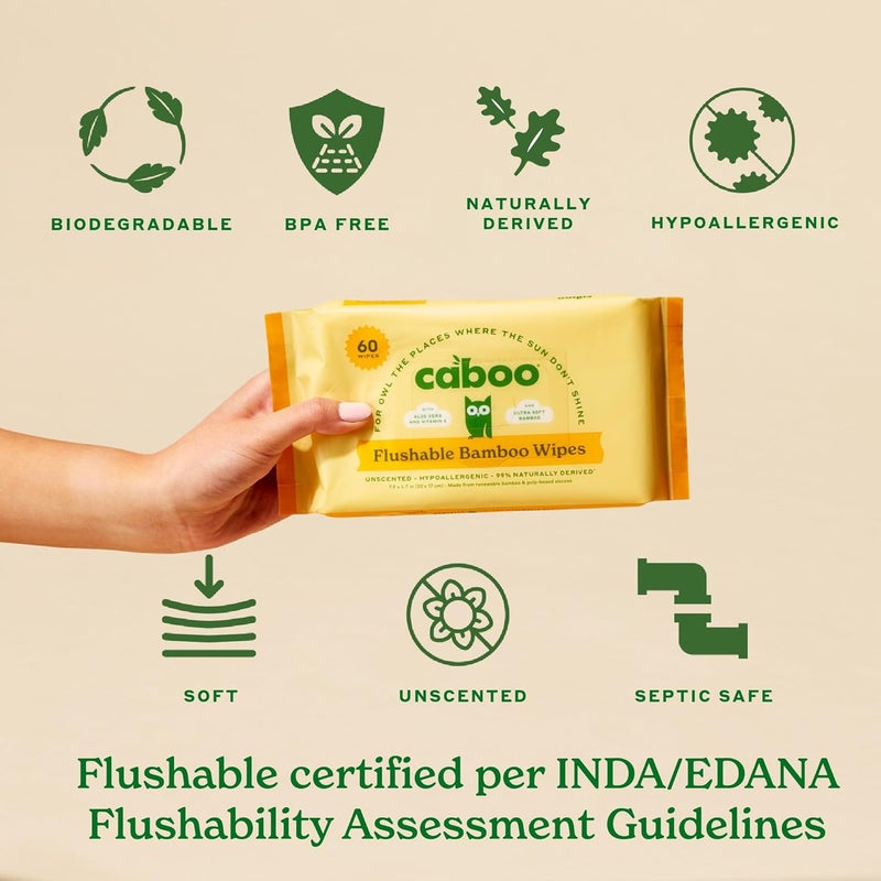 CABOO Tree Free Flushable Wipes, Travel Wipe, Certified Flushable, Septic Safe, Biodegradable Wipe for Adults, Pack of 8, Total of 144 Travel Toilet Wipes - Image 4